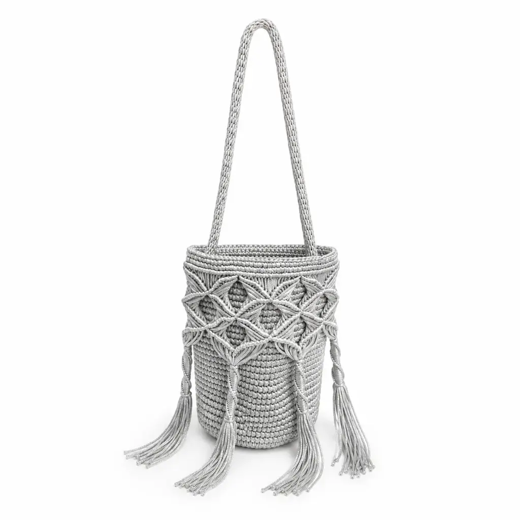 0801- Cartera plateada macrame corta