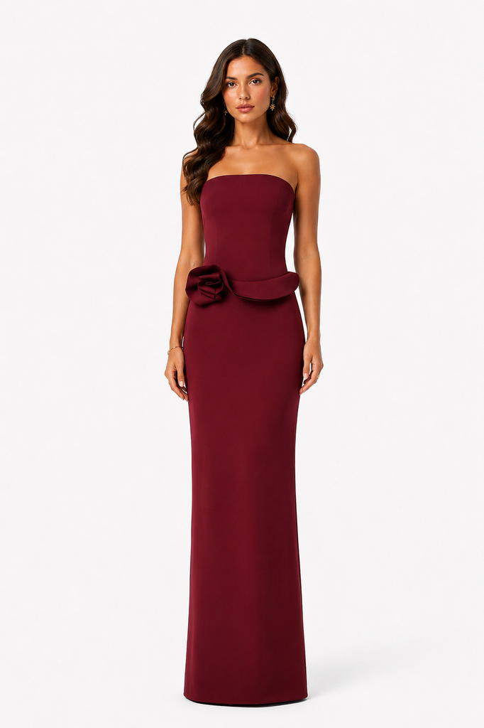 0444 - Strapless vino flor cintura - Maygel Coronel